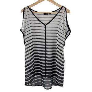 ANA A New Approach Women's‎ Sheer Striped Cold Shoulder V Neck Top Size S